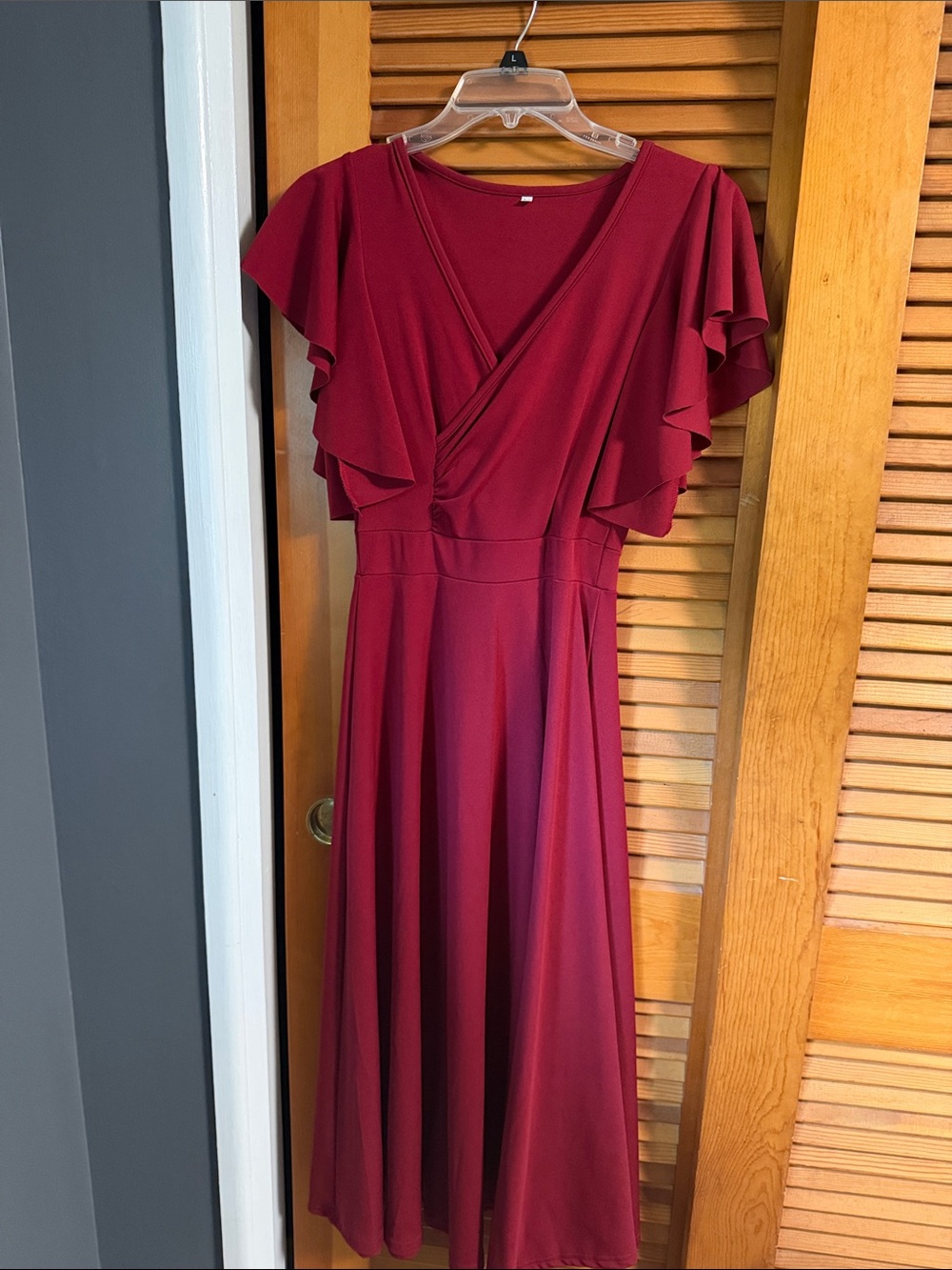 Amazon Burgundy Midi Wrap-Style Dress with Flutter Sleeves